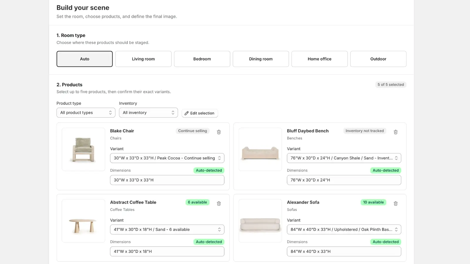 ScenePose composer with room options, selected products, variants, and detected dimensions